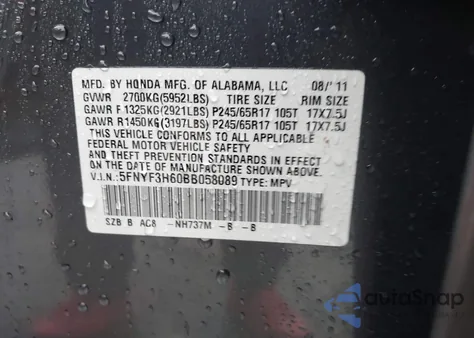 2011 Honda Pilot Ex-L из США, поврежденный, VIN 5FNYF3H60BB058089